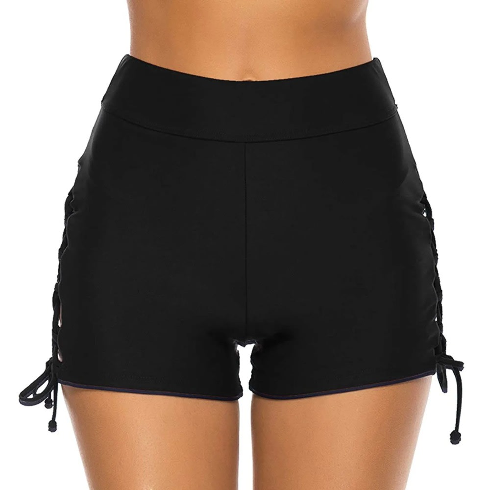 High Waisted Drawstring Swim Shorts for Women - Ruched Tummy Control Slim Bottoms